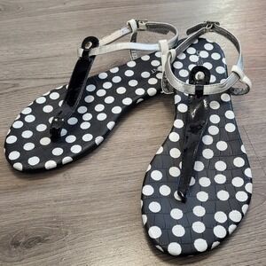Lane Bryant Black White Silver Polka Dot Thong Flat Sandals Women's Size 9 Wide